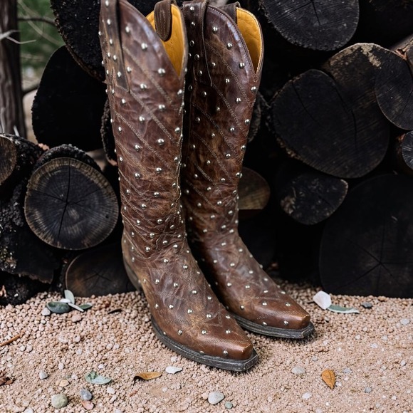 Old Gringo Shoes - Old Gringo Western Boots Size 6.5 B Brown Studded Leather Snip Toe Tall Cowgirl